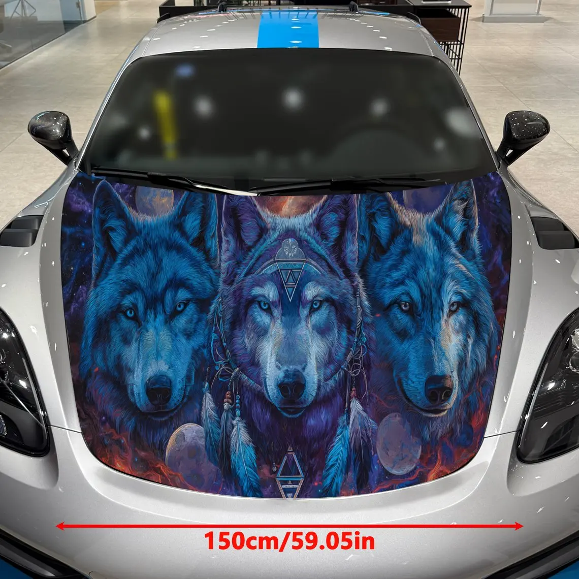 Cosmic Wolf Trio Artistic Aesthetic Journey PVC Car Hood Wraps, Self-Adhesive Waterproof Car Bonnet Decal Sticker, Car Decoratio
