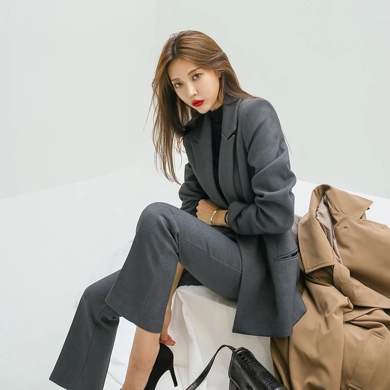 

Women's Winter British Short Blazer Wide-leg Pant Set Retro Casual Solid Color Loose Double-breasted Suit Trousers Two-piece Set