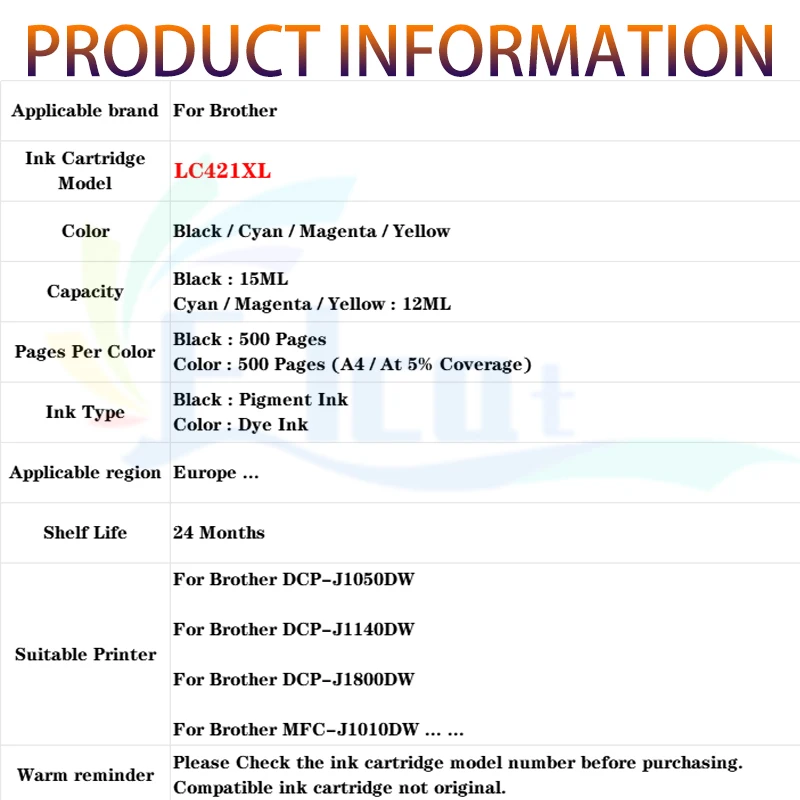 LC421XL LC421 Wkład Atramentowy Kompatybilny z Brother LC421 Do Drukarek Brother DCP-J1050DW DCP-J1140DW DCP-J1800DW MFC-J1010DW — zdjęcie produktu 6