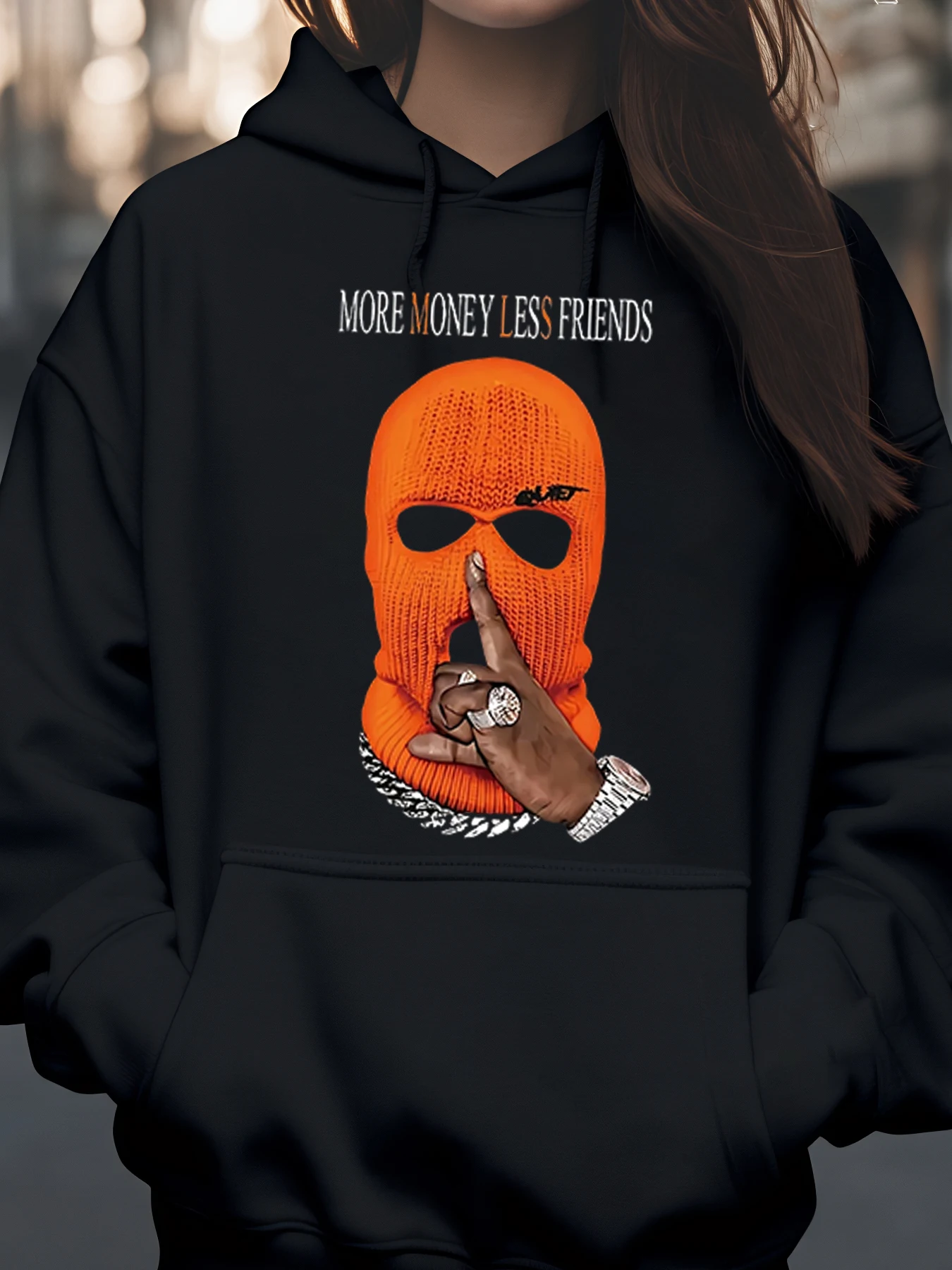 Felpa con cappuccio passamontagna arancione More Money Meno Friends Felpa con stampa Casual Streetwear per uomo donna