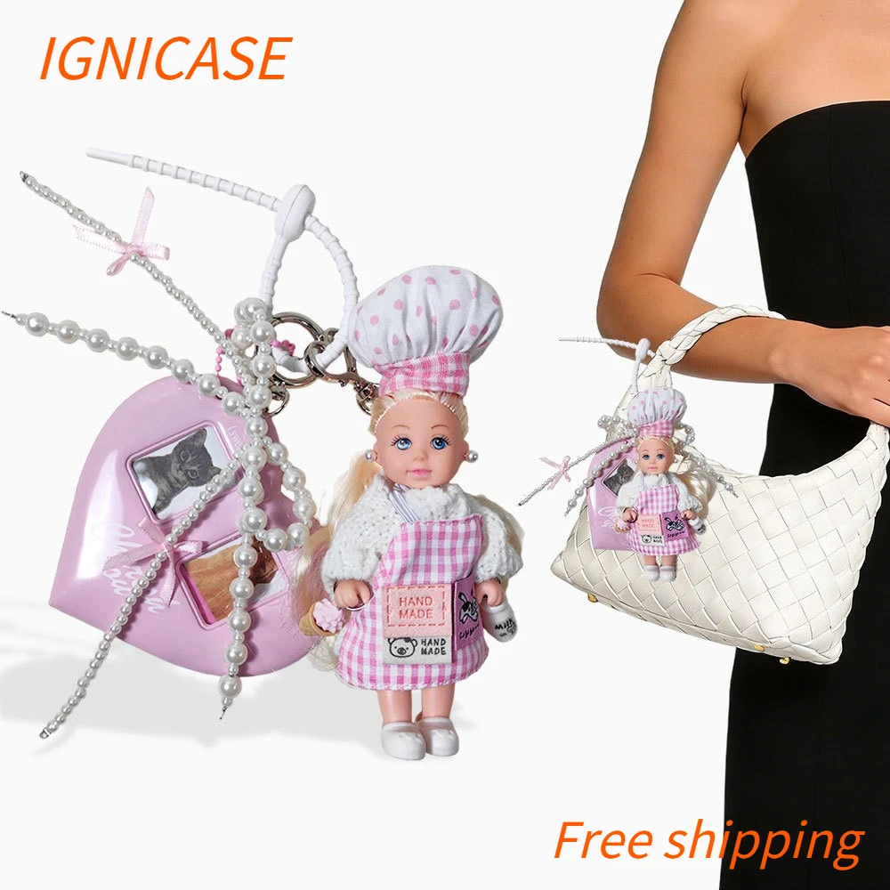 IGNICASE New Korean Sweet Girl Mini Doll Keychain Pink Love Photo Frame Bag Hanging Y2K High-value Schoolbag Pendant Accessories
