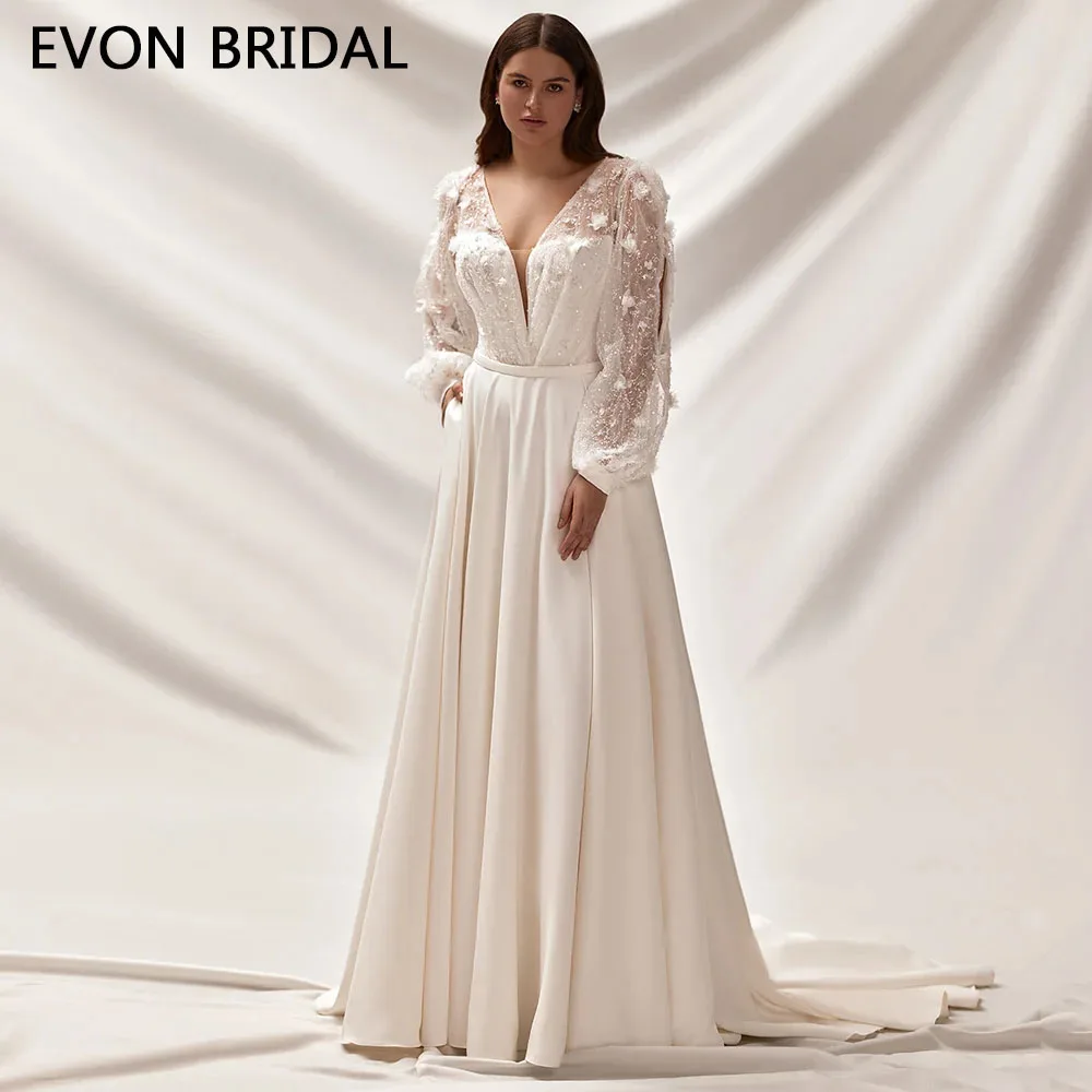 EVON BRIDAL Übergrößen-Brautkleid mit tiefem V-Ausschnitt, Puffärmeln, Pailletten-Spitze, A-Linie und Schleppe – Maßanfertigung
