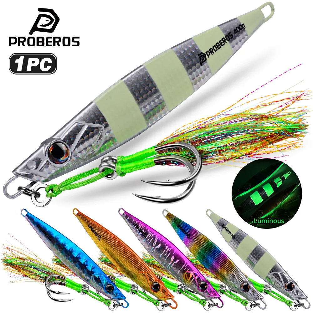 PROBEROS 1pc Metal Jig Fishing Lure Deep Sea Vertical Jigging Bait Laser Holographic Hard Lure with Double Assist Hooks Tackle