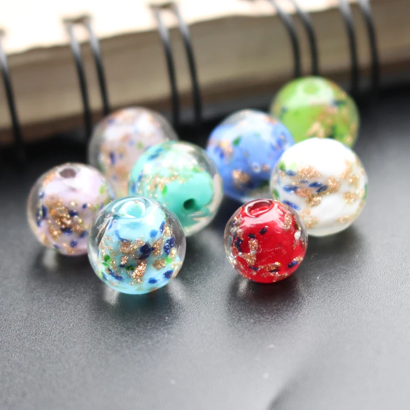 10PCS 8mm 10mm 12mm Lampwork glass beads Handmade With Colorful Shinning Pieces Multi-color Loose beads for Jewelry making DIY