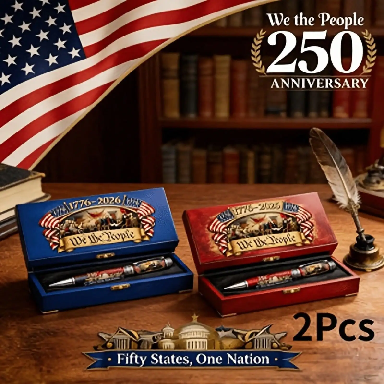 

2 Pack Red & Blue Dual Color 250th Independence Anniversary Commemorative Signature Pens Patriotic Collector Edition With Gift Box Ideal Collectible & Gift For Friends