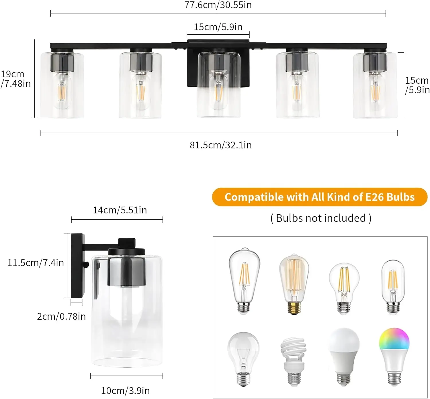 Lampade nere luce da toeletta a 5 luci con paralume in vetro trasparente, luci da toeletta per applique da parete in metallo da bagno per vivere