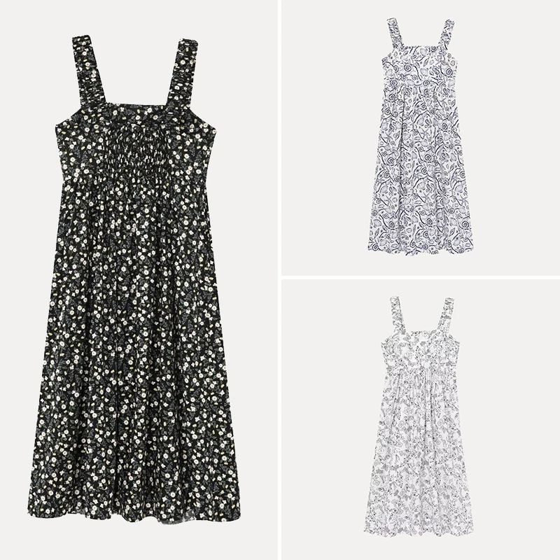 우아한 플로럴 프린트 미디 드레스 벨 슬리브 스퀘어 칼라 여성 스타일 봄 여름 가을 시즌 폴리에스터 섬유