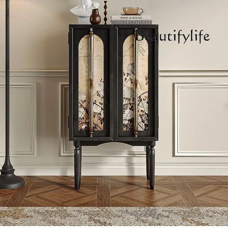 New Chinese retro dining side French light luxury multi-functional hand-painted bucket cabinet solid wood wine cabinet locker