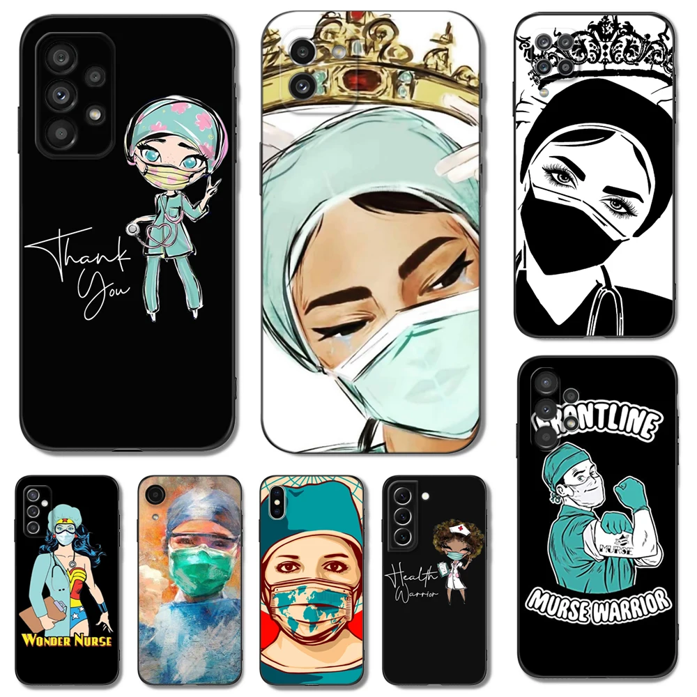 Black tpu Case For Samsung galaxy S23 S22 S20 S21 FE PLUS ultra+S10 E lite cover Nurse Queen Doctor