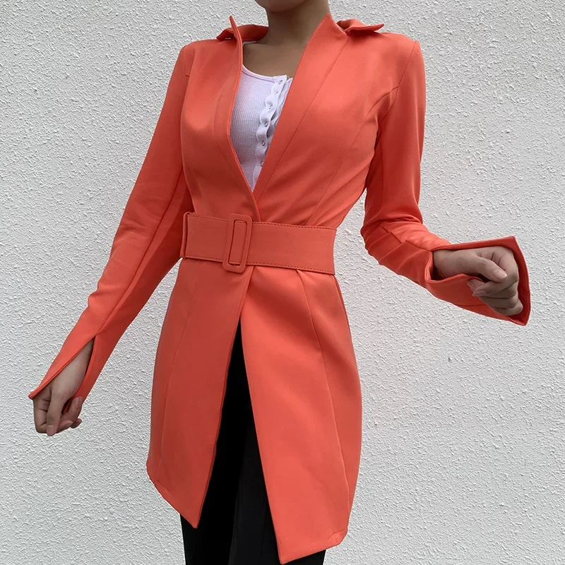 Women Simple Office Blazer with Free Big Belt Buttonless Solid Color Mid Length Casual Blazer Suit 2021 New Fashion Commute Wear