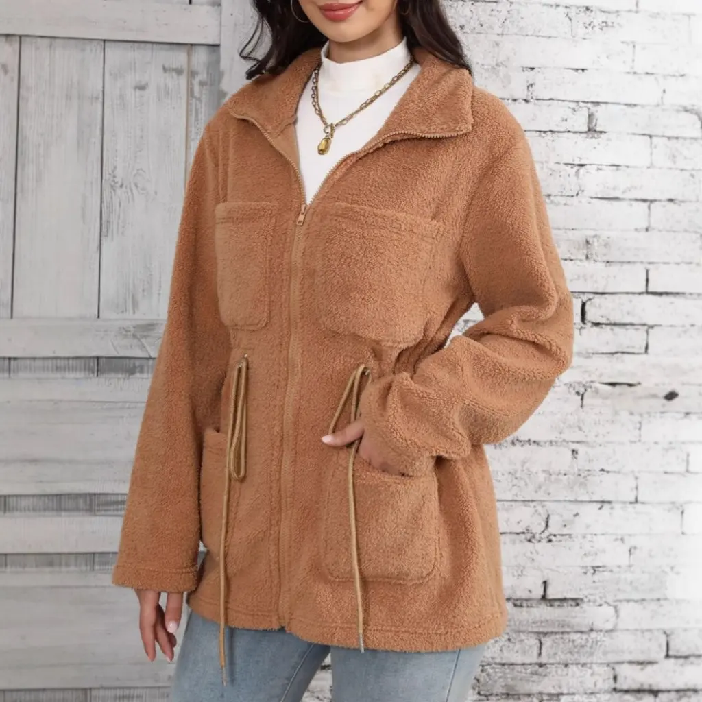 

Women's Velvet Cardigan Long Sleeve Zipper Lapel Plush Coat with Pockets Loose Fit for Autumn Winter European American Style