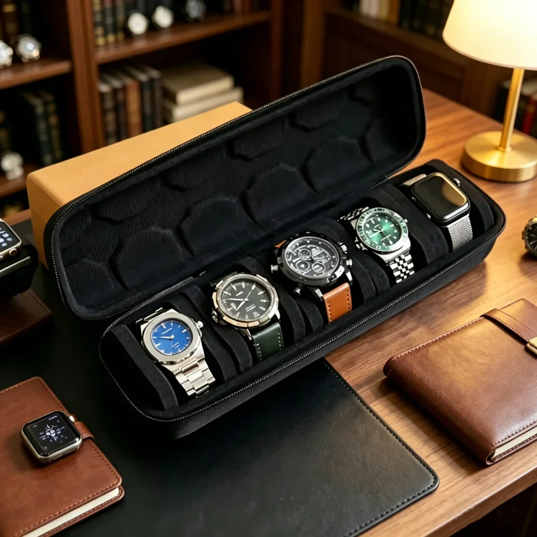 5 Slots Portable Watch Box Premium Zipper Closure Watch Display Case with Pillow Liner Waterproof Anti-scratch Watch Storage Bag