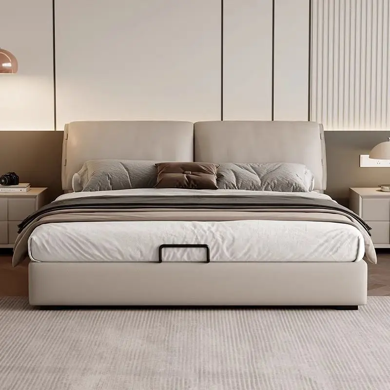 Modern Simple Master Bedroom, Double Bed, High Box Storage Storage Bed, Light Luxury Leather Bed
