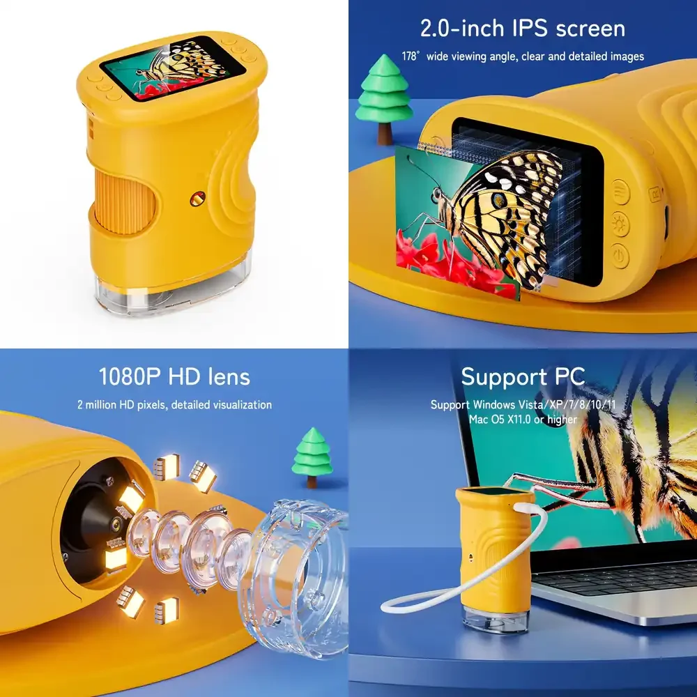 

382 Orange OEM ODM Factory Wholesale Pocket Digital Magnifying Glass Toy with 8 LED Lights 2MP Camera 2 Inch IPS Screen 1000X