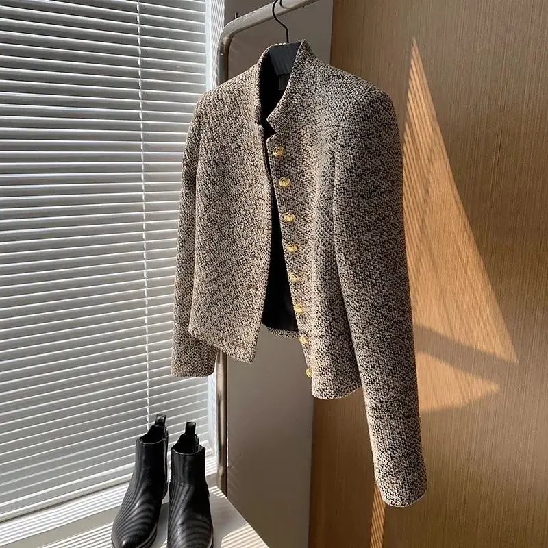 

Luxury Design Women's Clothing Tweed Jacket Vintage Cropped Top Long Sleeve Single-Breasted Office Ladies Wool Coats