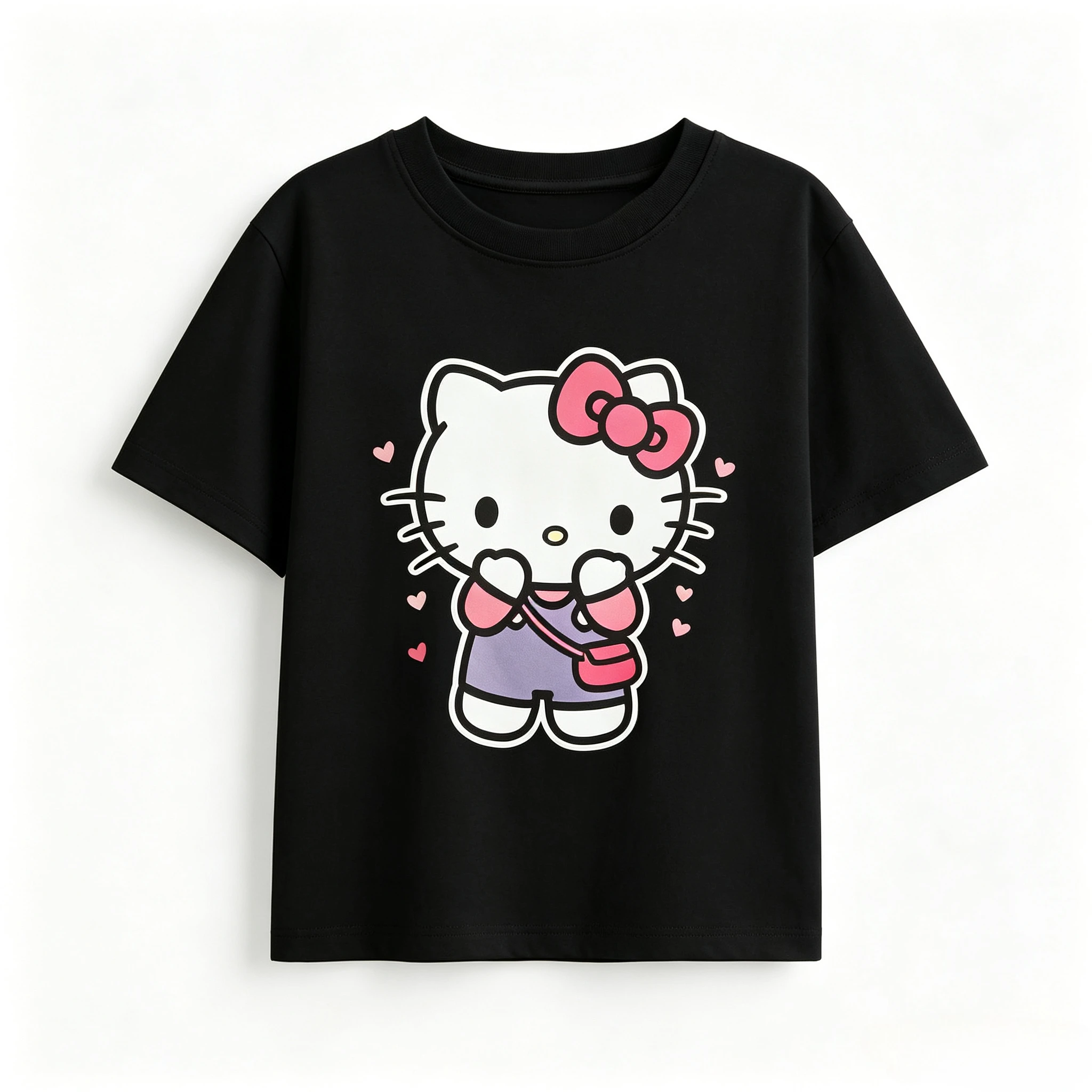 Hello Kitty Kids T Shirt Cute Pink Heart Bow Cartoon Print Girls Casual Short Sleeve Tee Kawaii Sanrio Graphic Children T-shirt