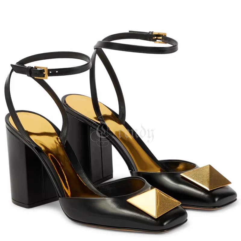 2025 Women Sandals Khaki Ankle Strap Buckle Chunky Heel Square Toe Girl Gold slingback Cover Comfortable Sexy High Heels Shoes