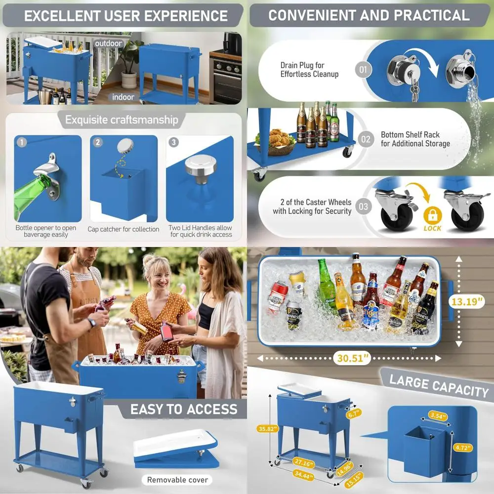 

Portable 80-Quart Rolling Cooler with Basin, Storage, and Bottle Opener for Outdoor Parties and Beach Trips