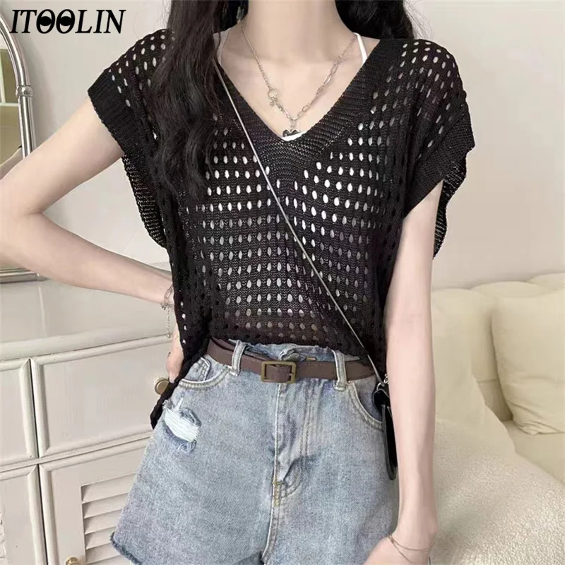 ITOOLIN Chic Summer Women Sexy Knitting Shirt V-Neck Hollow Out Loose Sleeveless Knit T-shirt Casual Beach Style Women Tops 2024