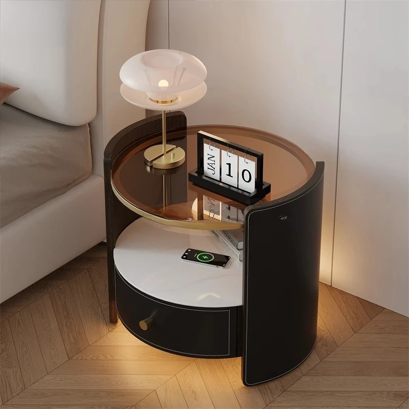 

Saddle leather Italian light luxury whole house intelligent round bedside table rock slab modern small apartment bedroom bedside