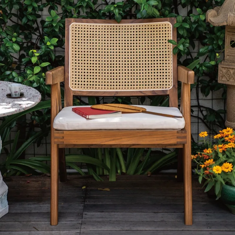 Outdoor Chair Wabi Silent Wind Chinese Rattan Chair Backrest Dining Retro Rattan Teak Solid Wood Chair