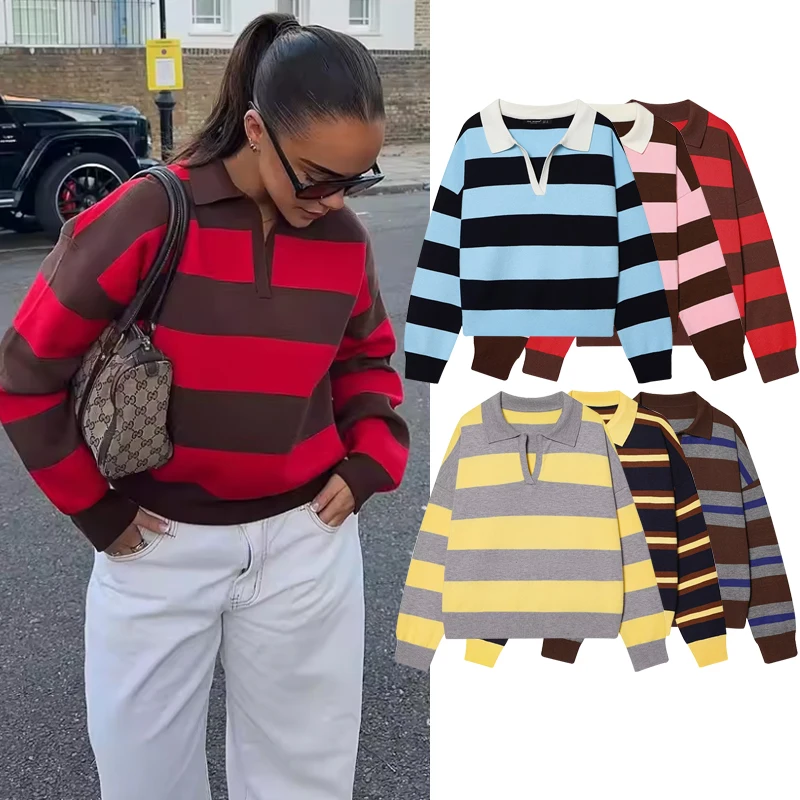Women's Knitted Polo Neck Blouses Spring 2026 New Fashion Striped Loose Elegant Warm Sweater Chic Holiday Young Sweater
