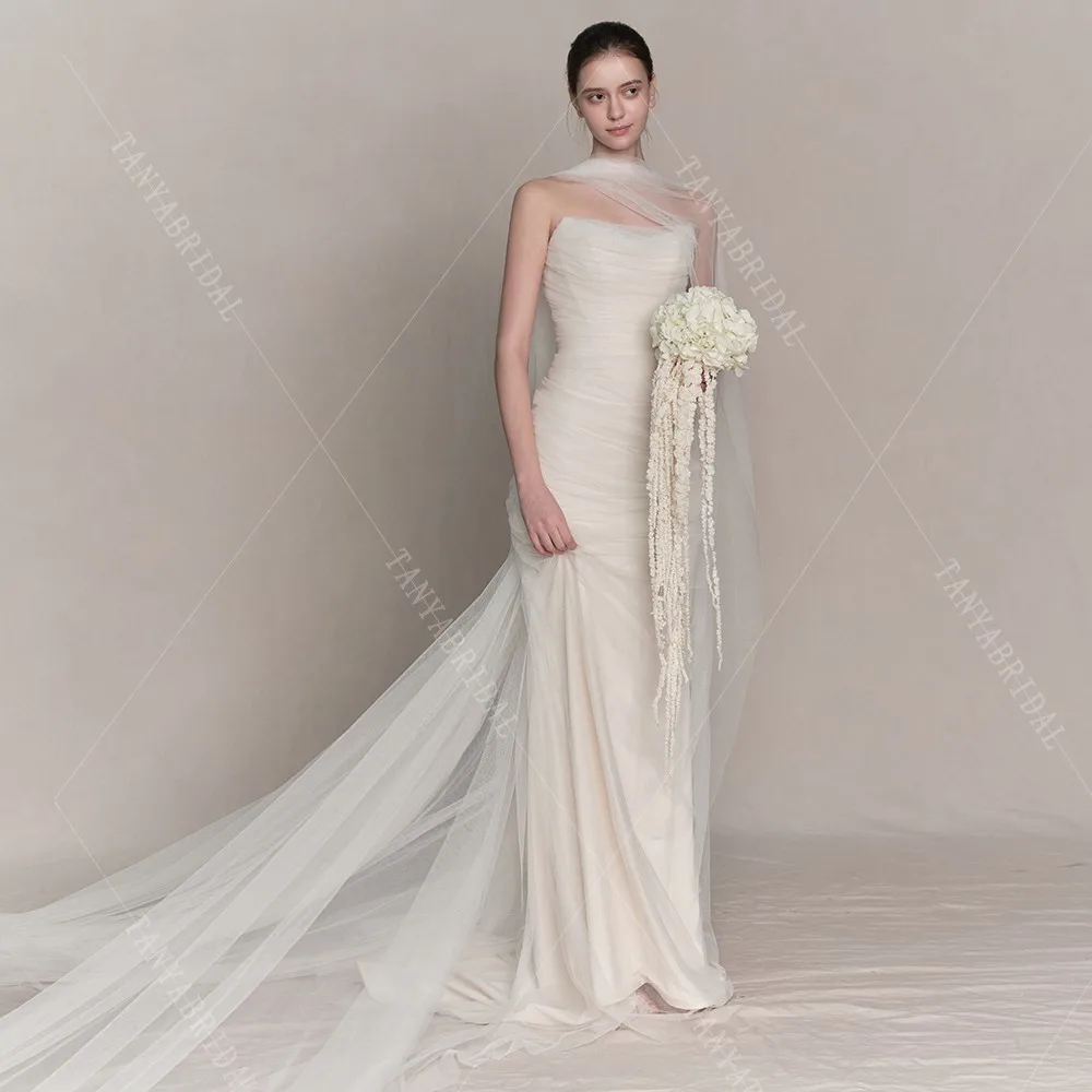 Strapless Soft Tulle Mermaid Wedding Dress Sleeveless Sweep Train Elegant Bridal Photoshoot Dress 웨딩드레스 TSWD613