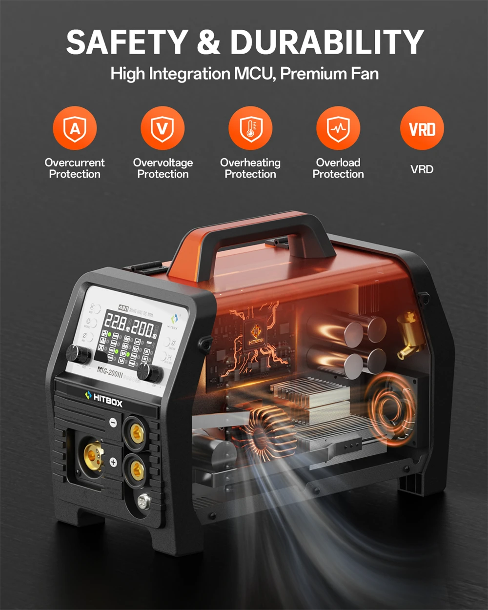 HITBOX MIG-Schweißgerät 220V 200 Ampere 7-in-1 Stick ARC MMA Gaslos/Gas MIG Lift TIG Punktschweißgerät mit Spool Gun, Einzelpuls-Aluminiumschweißgerät, großem LED-Digitalbildschirm und Inverter-Schweißwerkzeug – Detail 19