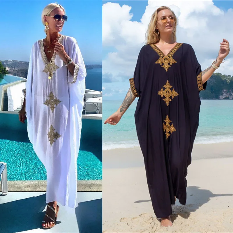 

New Bohemian Retro Embroidered Bikini Cover Up Maxi Dress For Women Loose Beachwear Vintage Long Kaftan