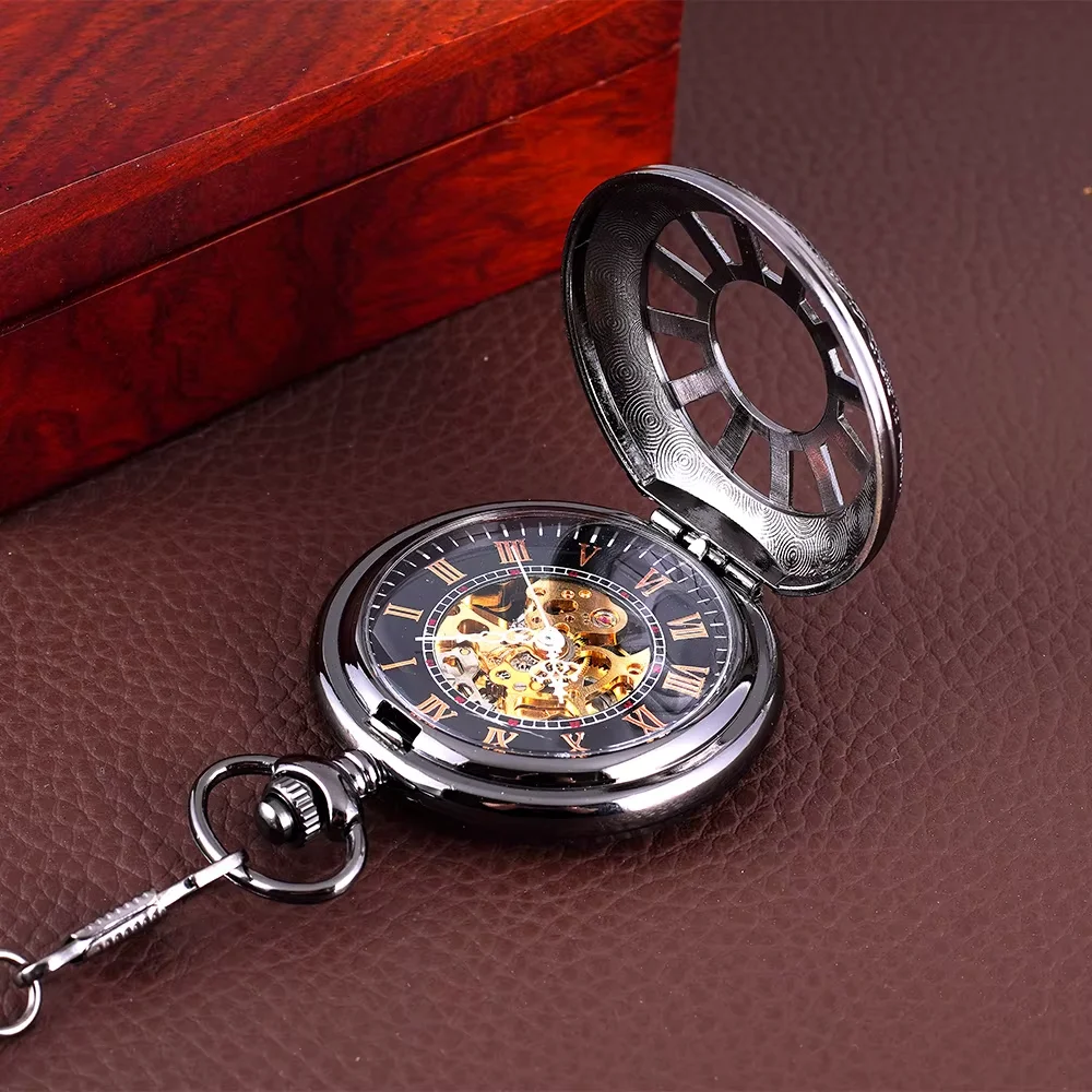 Hanging watch large chain hollowed-out wheel black black face white needle Roman digital mechanical watch