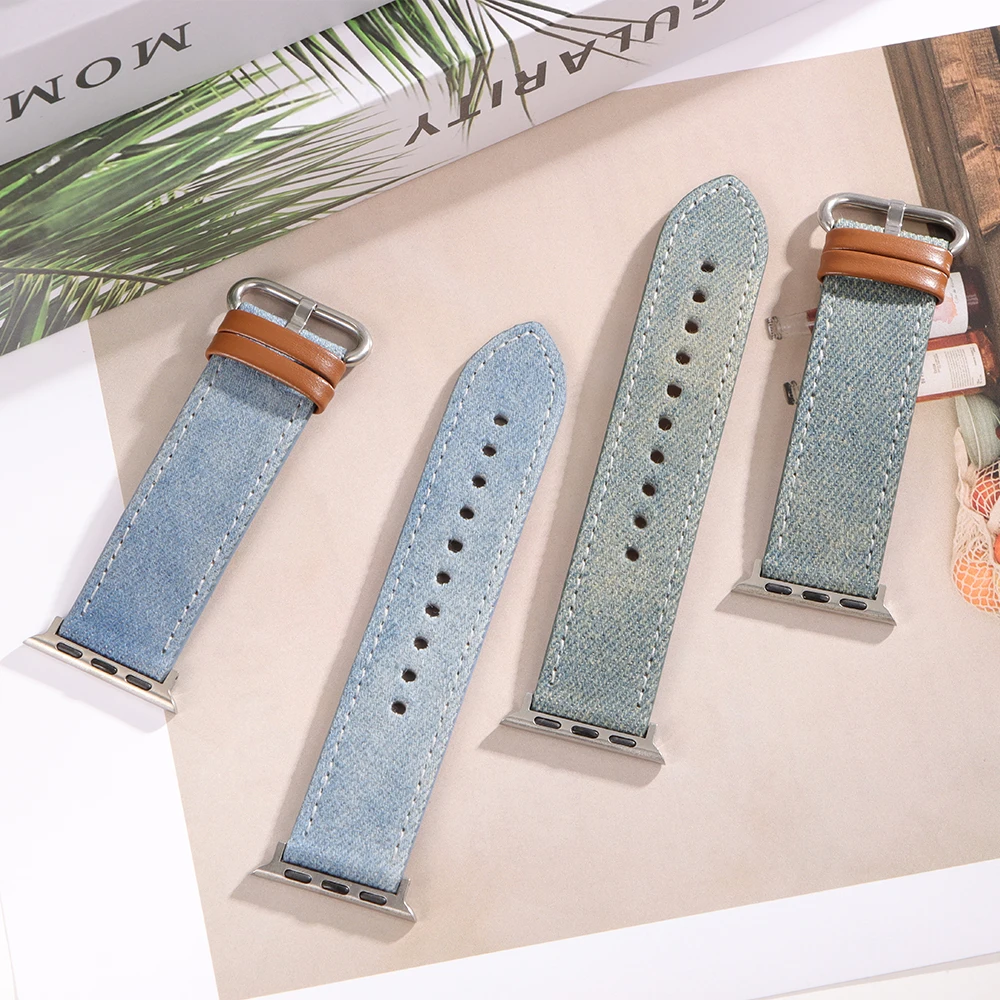 Leather Strap for Apple Watch Band 40mm 41mm 38mm 42mm 44mm 45mm 49mm Sailcloth Denim Bracelet for IWatch Series 10 9 8 7 SE 6 5
