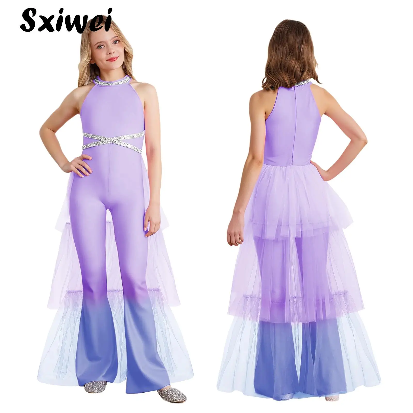 

Girls Sleeveless Bell-bottom Pants Jumpsuit with Tulle Skirt for Prom Banquet Graduations Birthday Party Stage Dance Performance