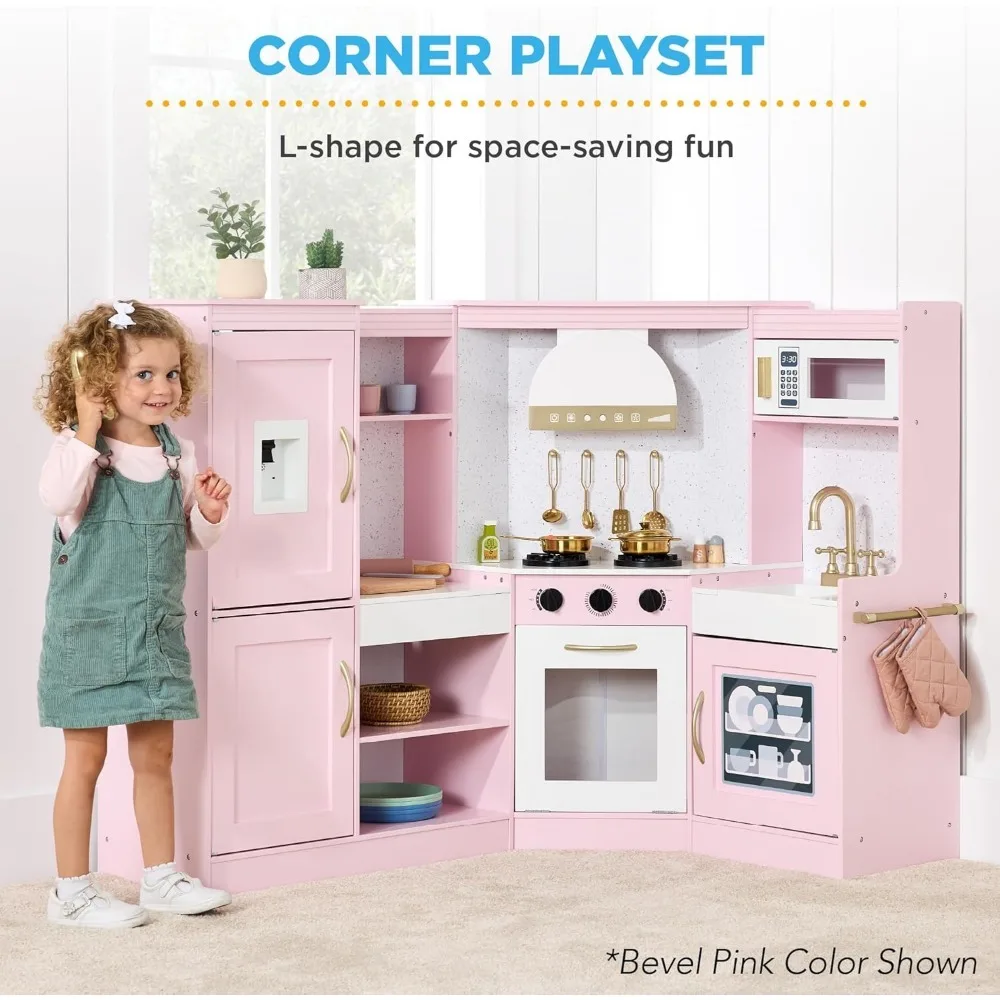 Pretend Play Corner Kitchen, Ultimate Interactive Wooden Kids Playset w/Lights & Sounds, Ice Maker, Hood - Pink