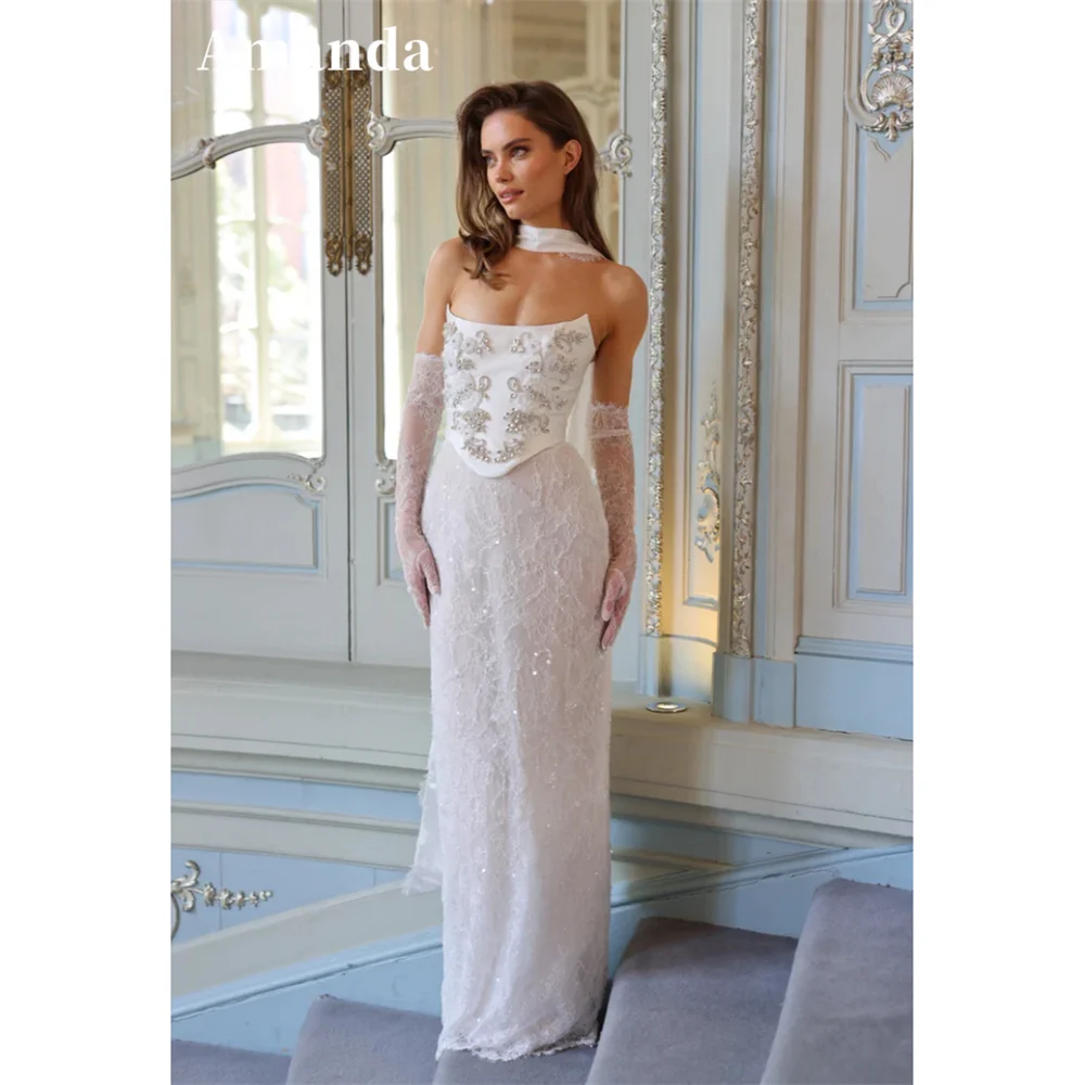 

Amanda Customized Strapless Sheath Lace Sequined Wedding Dresses Rhinestones Lace-Up vestidos de noche Sleeveless Formal Evening