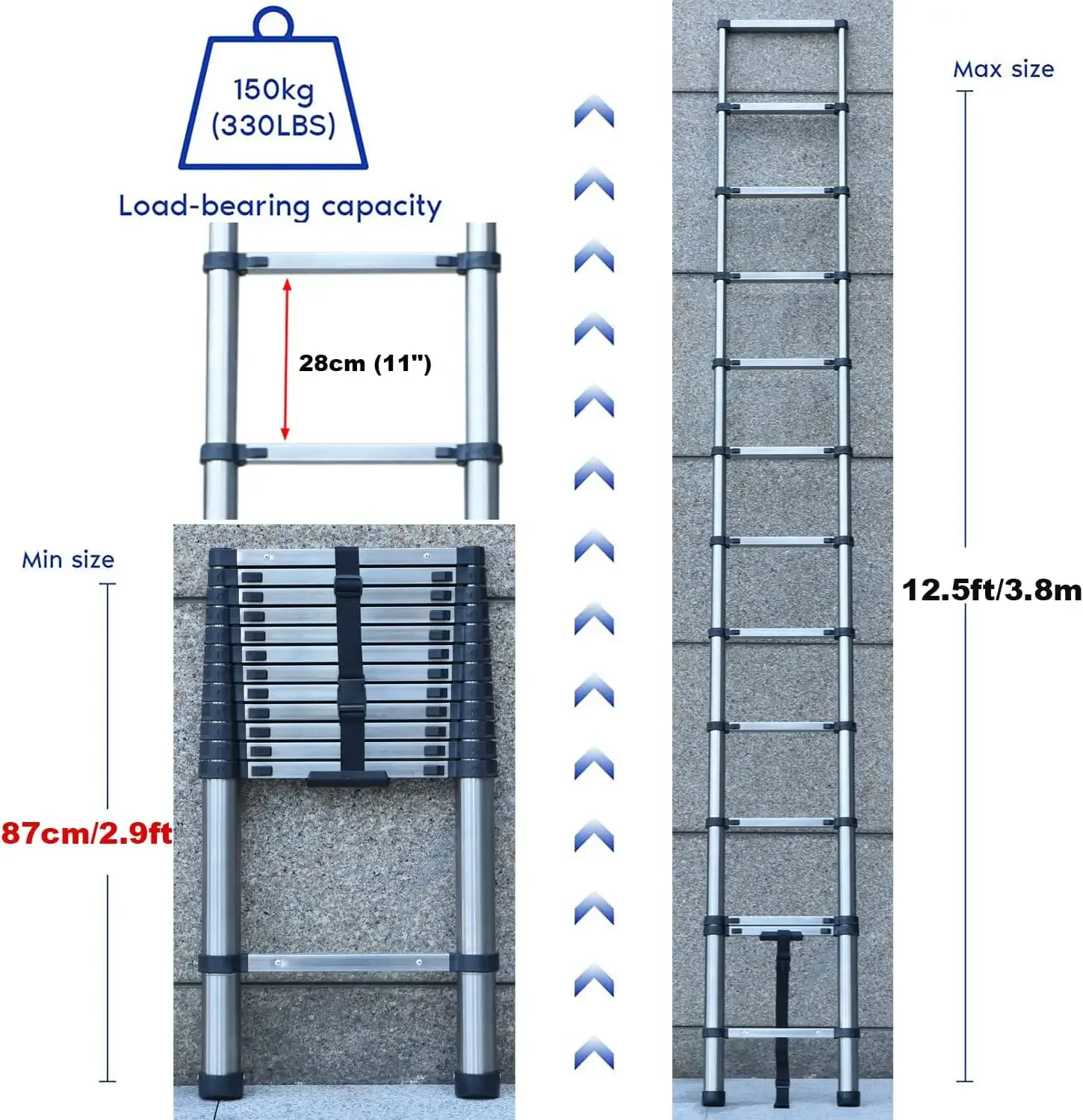 Telescopic Foldable Telescoping Extension Loft 330lb Load, 3.8M Stainless Steel Telescoping Ladder f