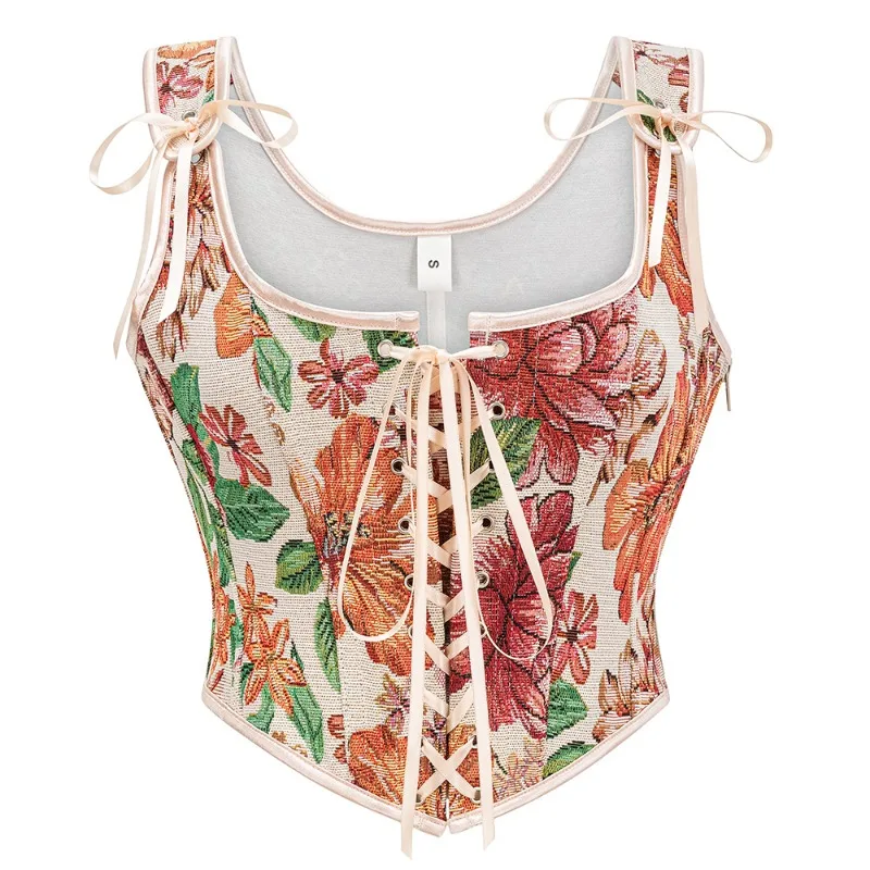 

Retro Women Corset Crop Top Bustier with Should Strap Shapewear Gothic Vintage Jacquard Lace-up Overbust Corselet