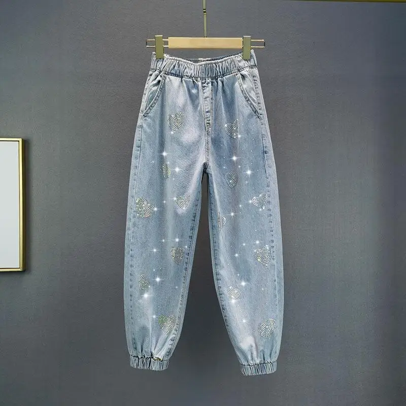 Calça solta casual Harlan de 9 pontos, bolso elástico na cintura, diamantes quentes, tendência da moda, idade reduzida, primavera e outono, 2023