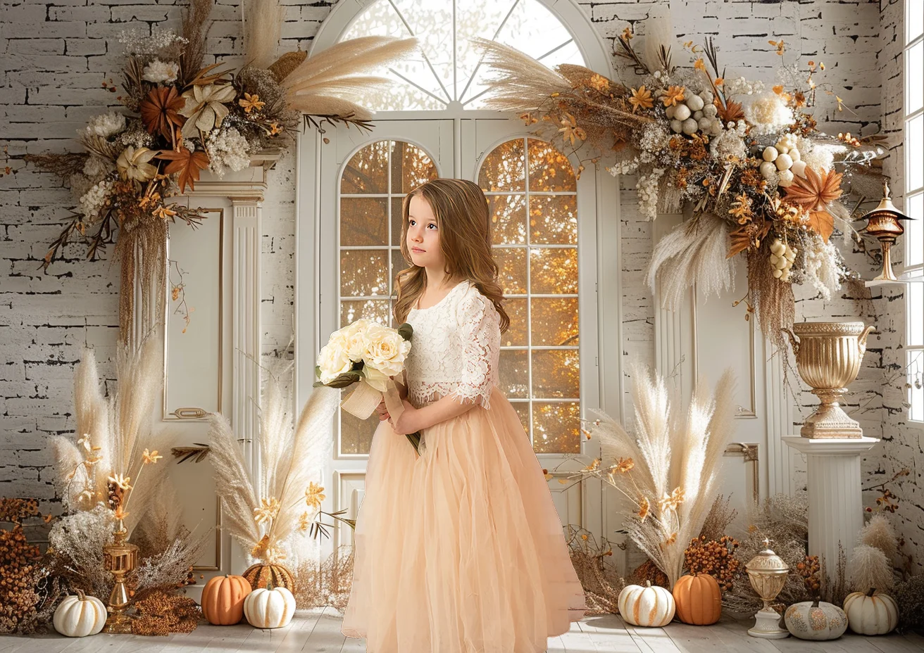 Fall Theme Backdrop White Vintage Window Pampas Grass Fall Flowers Autumn Garland Pumpkins Background Photo Studio Photocall