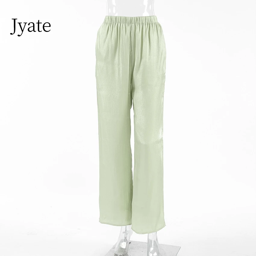 Jyate 2024 primavera autunno elastico in vita pantaloni moda Street filato oro solido pantaloni lunghi Casual gamba larga pantalone abbigliamento