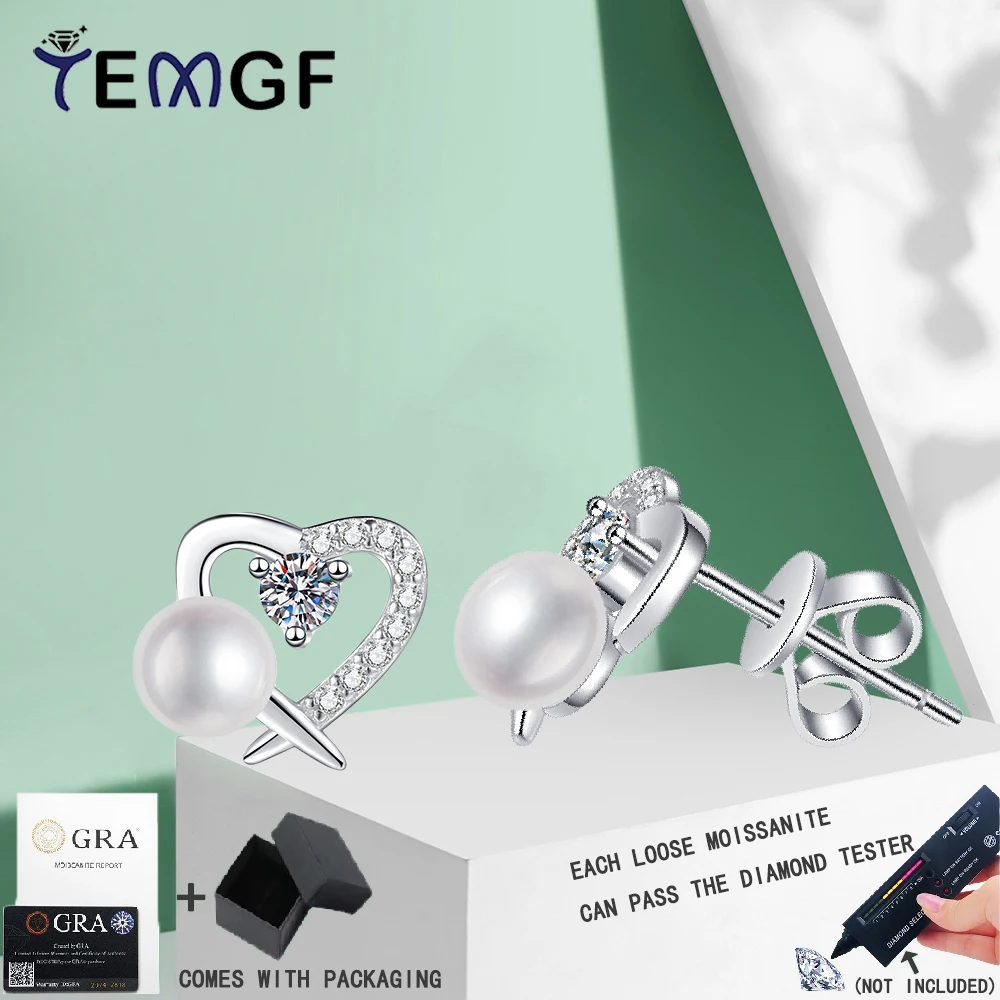 

TEMGF Couple S925 Sterling Silver Love Earrings 3.5mm Moissanite 5.5-6mm Freshwater Pearl Ear Studs Elegant Fine Jewelry Gifts