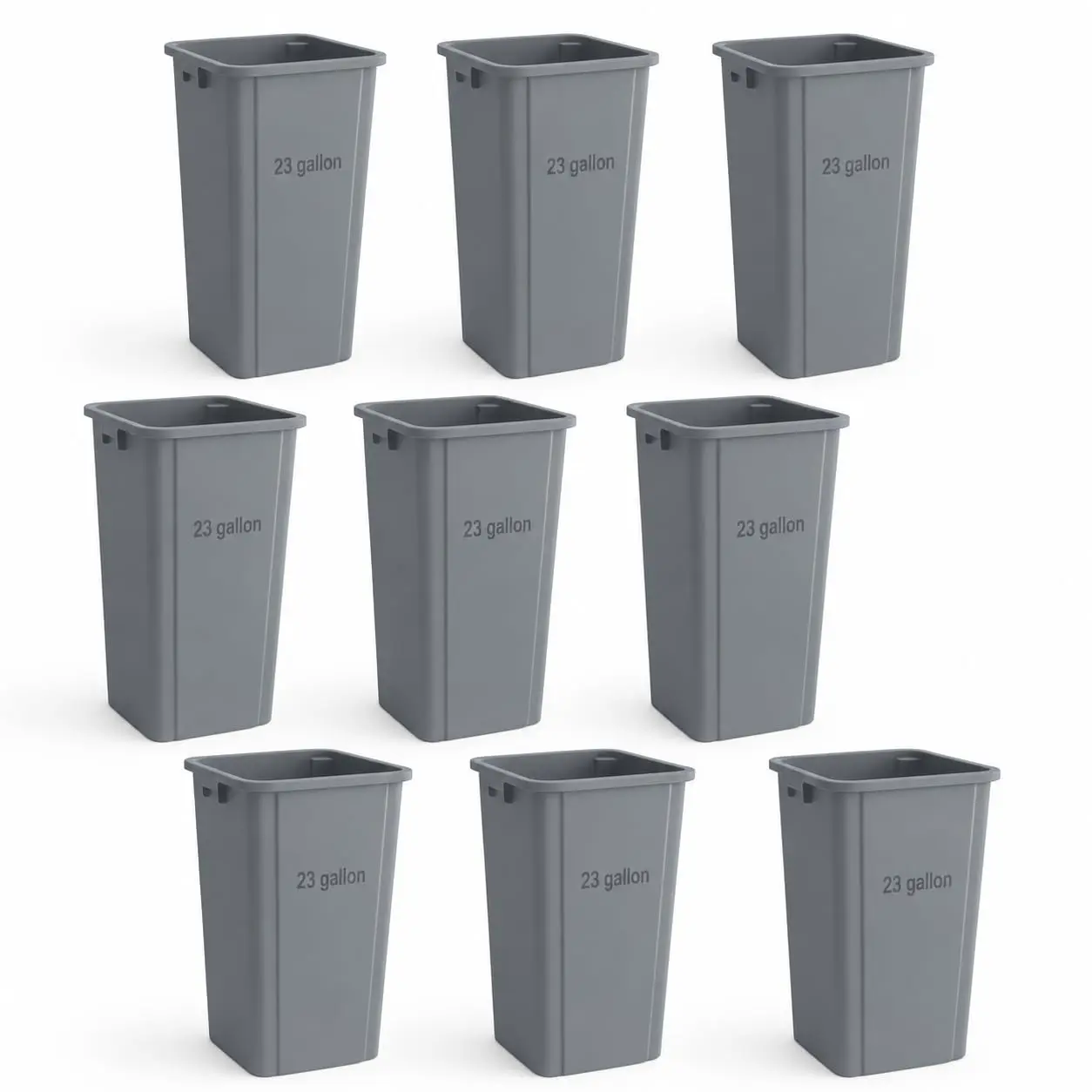 9 Pack Gray 23 Gallon Square Commercial Trash Can, Heavy Duty Plastic Slim Waste Bin with Venting Channels and Built-in Handles,