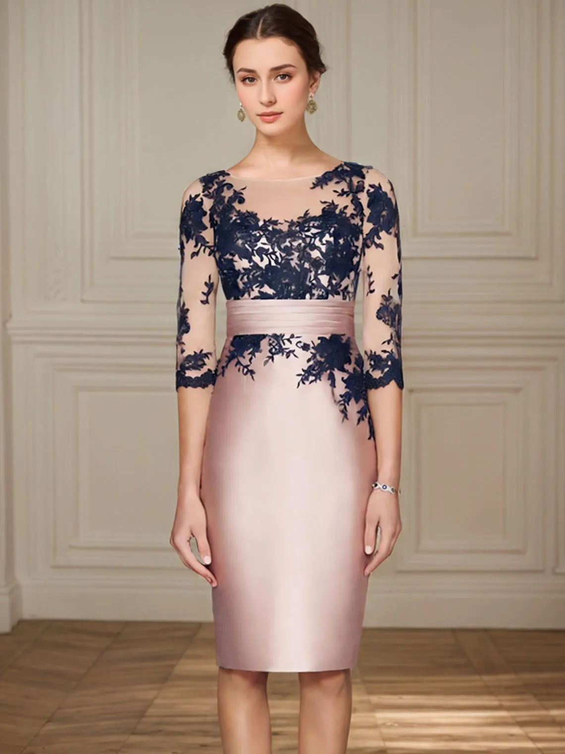 Abito da sera formale in due pezzi di lusso elegante Abito da sera formale in raso di pizzo con maniche a 3/4 e collo gioiello al ginocchio Abito con applicazioni 2025 Personalizzato gratuito