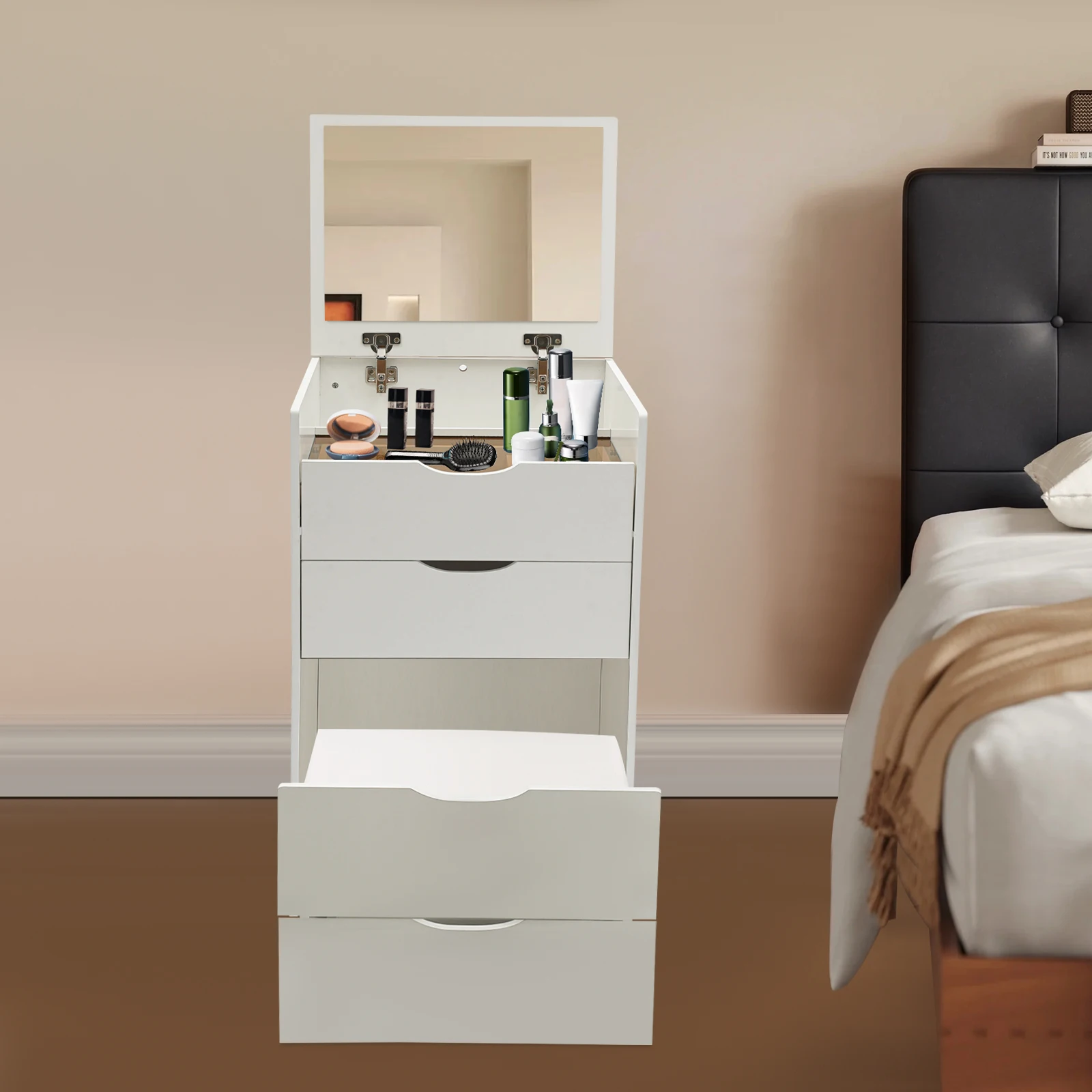 Bureau de coiffeuse 3 en 1 blanc crème moderne avec miroir rabattable, chaise cachée, coiffeuse de maquillage, coiffeuse de maquillage avec 3 tiroirs