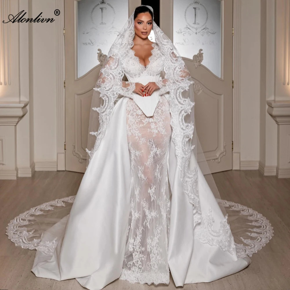 

Alonlivn Custom Made Luxury Appliques Lace Mermaid Wedding Dresses Beading Pearls V-Neck Full Sleeves 2 In 1 Bridal Gowns