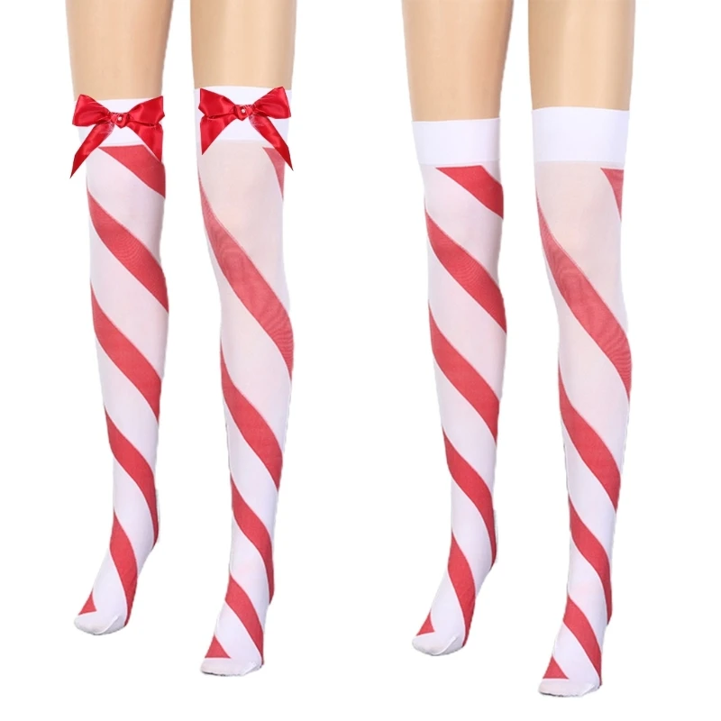 Red White Wide Striped Over Knee Long Socks Christmas Holiday Bowknot Thigh High Stockings for Women and Girls