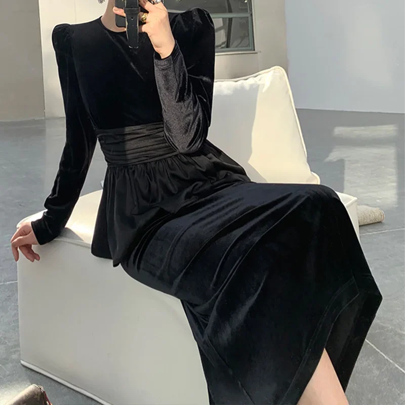 

Black Dress Women Elegant Ruffles Long-sleeve High Waisted Velvet Bodycon Dresses Lady Streetwear Vintage Party Vestido Spring