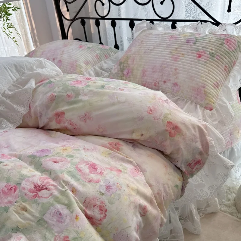 Korean Princess Style Watercolor Rose Print Ruffles 100% Cotton Bedding Set Duvet Cover Quilted Lace Bedspread Pillowcase 4Pcs