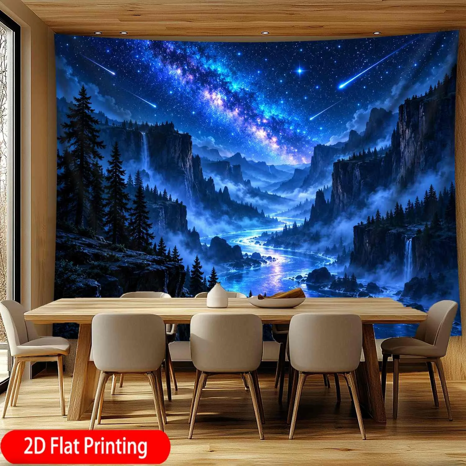 Night Galaxy Tapestry, Bright Milky Way Meteor Mountain Cliff River Fog Forest Scene Wall Tapestry, Nature Scene Decor Home Wall