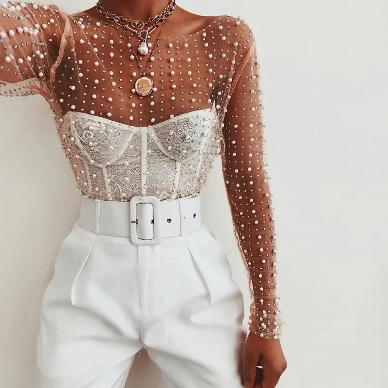 

Pearl Beads Bling Rhinestone Perspective Cropped Top Summer Mesh T-shirt Ladies Party Beach Holiday Lace Top Streetwear Women