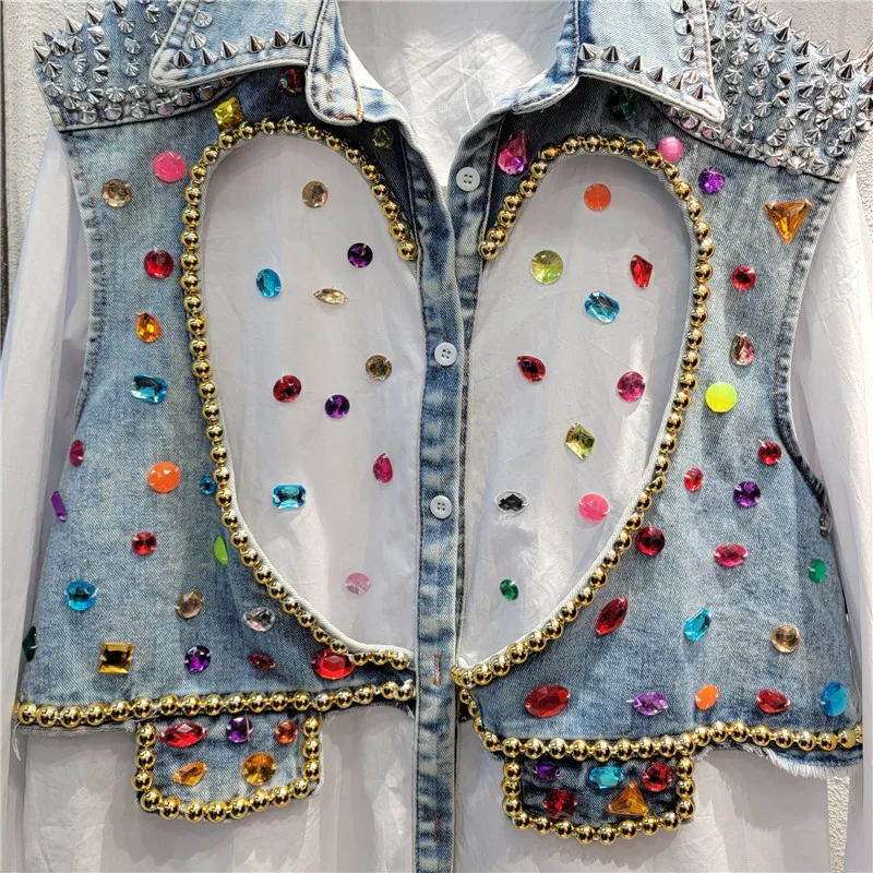 Heavy Craft Heart Beaded Denim Vest Fake Two-Piece Shirt for Women, New Style Loose Slimming Mid-Length Street Blouse